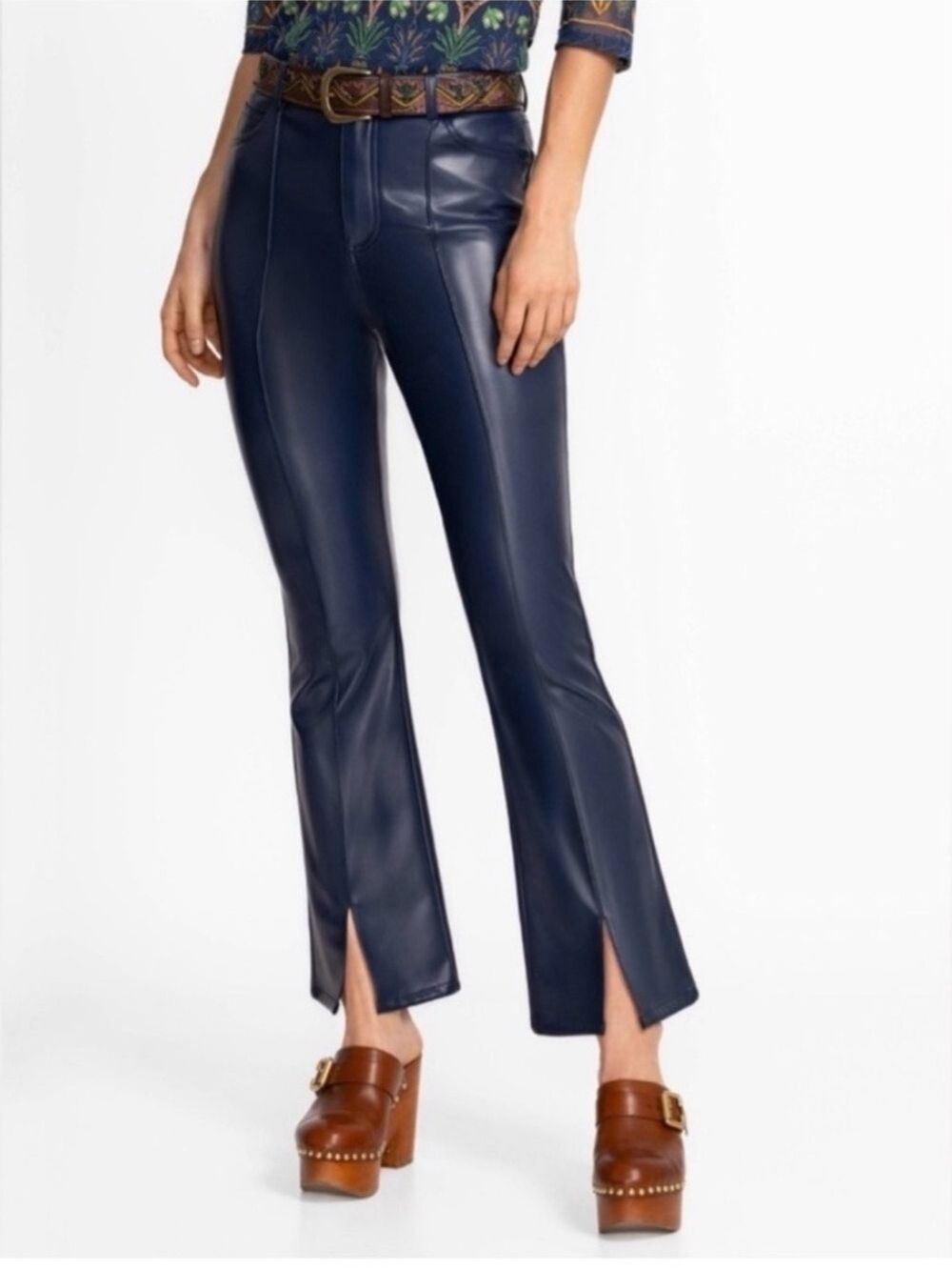 JOHNNY WAS The Slit Flare Vegan Leather Pants Addy Blue Sz 27 Boho, Grunge